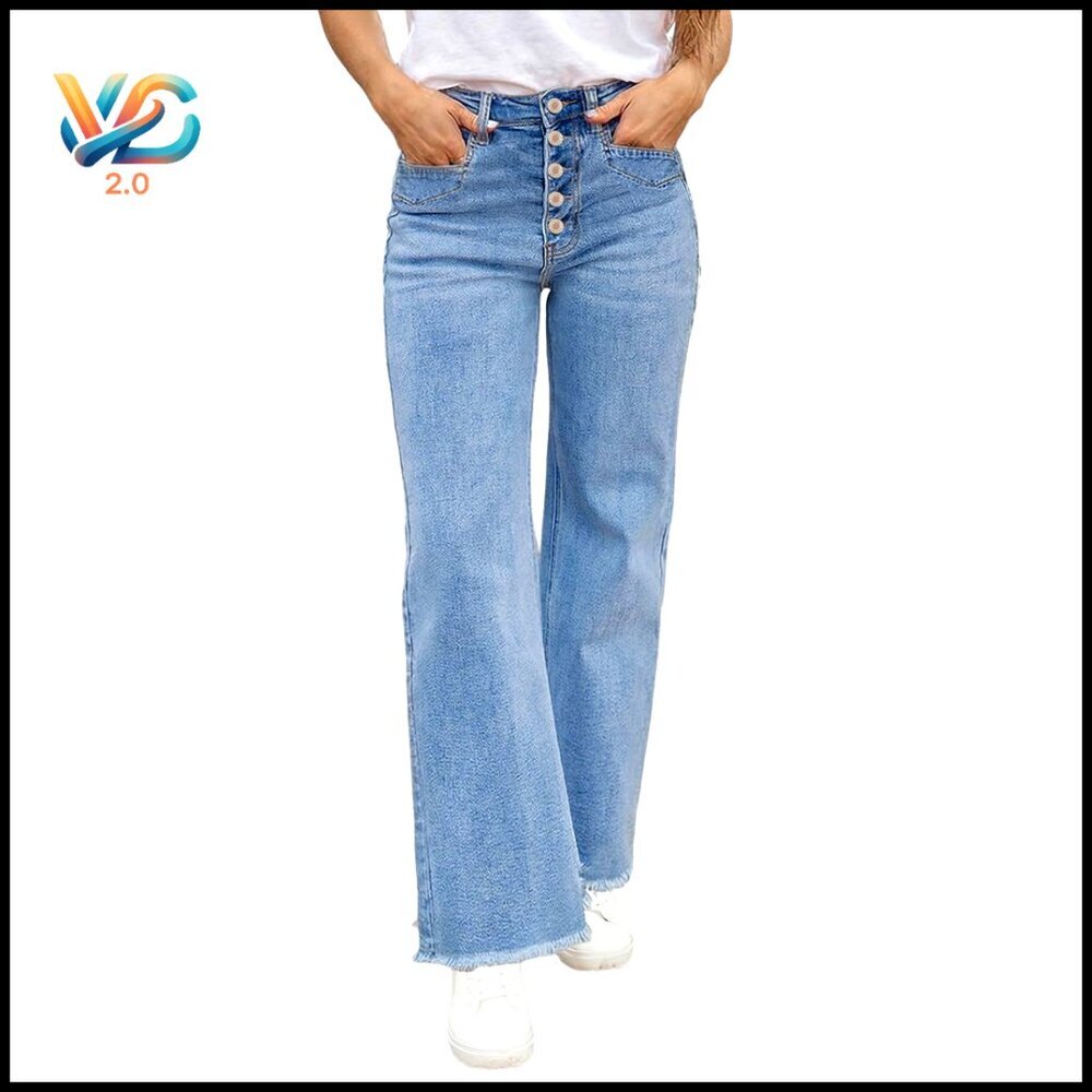 Wide Leg High Waisted Stretch Jeans Button Fly Raw Hem Straight Leg Pants